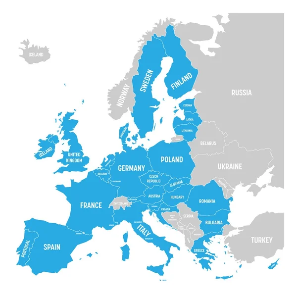 Mapa político de Europa con azul resaltado 28 Unión Europea, UE, estados miembros. Ilustración simple vector plano — Vector de stock