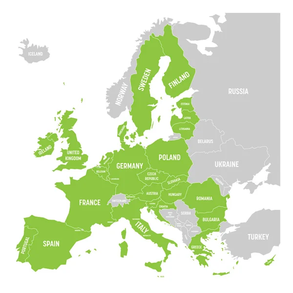 Mapa político de Europa con verde resaltado 28 Unión Europea, UE, estados miembros. Ilustración simple vector plano — Vector de stock