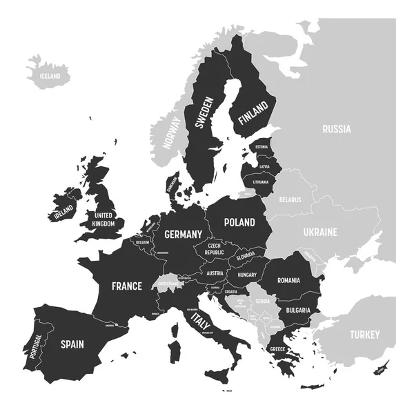 O mapa político da Europa com cinza escuro destacou 28 Estados-Membros da União Europeia, UE e Estados-Membros. Ilustração simples do vetor plano — Vetor de Stock