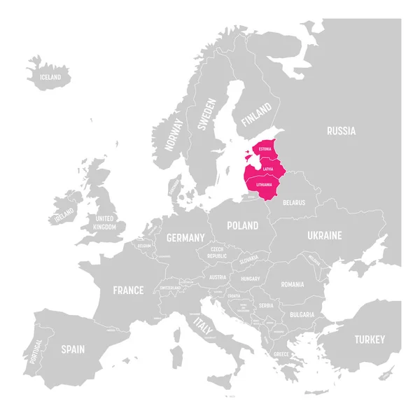 Państwa Bałtyckie Estonia, Łotwa i Litwa różowy wyróżniony na mapie politycznej Europy. Ilustracja wektorowa — Wektor stockowy