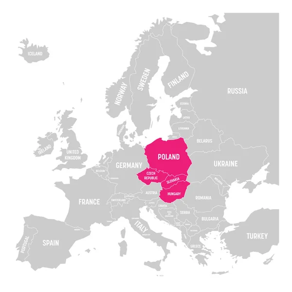 Visegrad-groep, alias V4, van vier landen Polen, Tsjechië, Slowakije en Hongarije roze gemarkeerd in de politieke kaart van Europa. Vectorillustratie — Stockvector