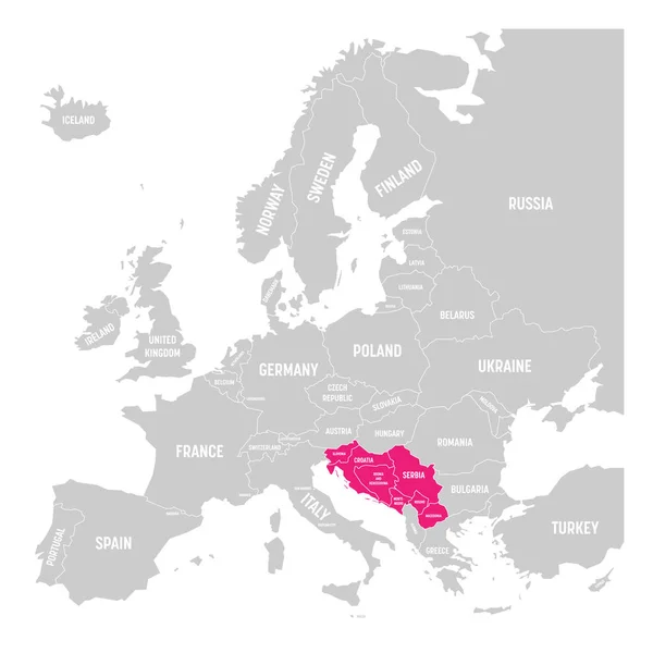 Forna Jugoslavien-stater. Slovenien, Serbien, Kroatien, Montenegro, Bosnien och Hercegovina, Kosovo och Makedonien rosa markeras i Europas politiska karta. Vektorillustration — Stock vektor