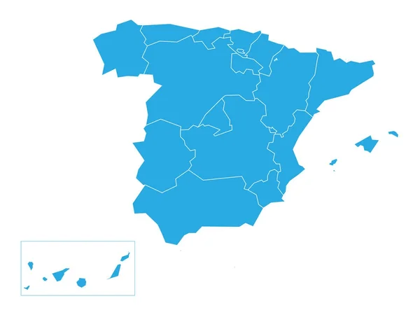 Mapa español de 17 comunidades autónomas administrativas. Plano simple mapa vector azul — Vector de stock