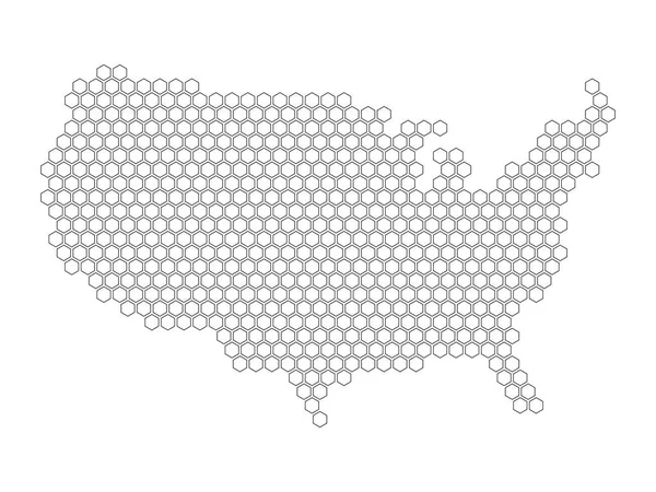 Mosaico hexagonal em forma de mapa dos EUA. Ilustração vetorial preta —  Vetores de Stock