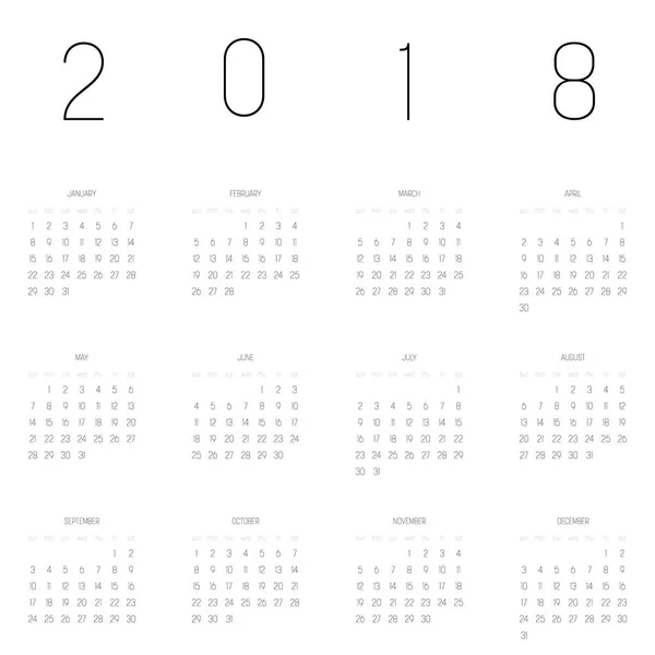 矢量日历- 2018年。周从星期天开始。带有黑色数字和白色背景字母的简单平面矢量图 — 图库矢量图片