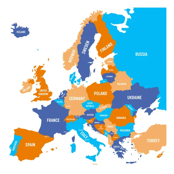 Politická mapa Evropy kontinent ve čtyřech barvách s bílým země jmenovek a izolované na bílém pozadí. Vektorové ilustrace — Stockový vektor