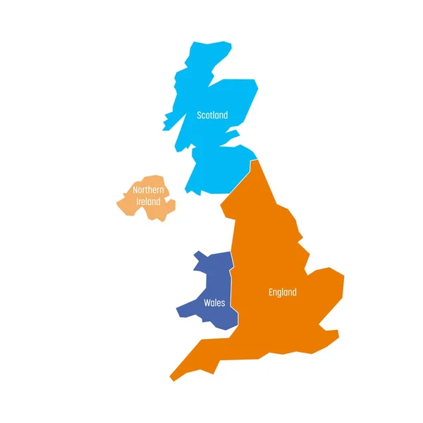 United Kingdom, UK, of Great Britain and Northern Ireland mapa. Dividido en cuatro países: Inglaterra, Gales, Escocia y NI. Ilustración simple vector plano — Archivo Imágenes Vectoriales