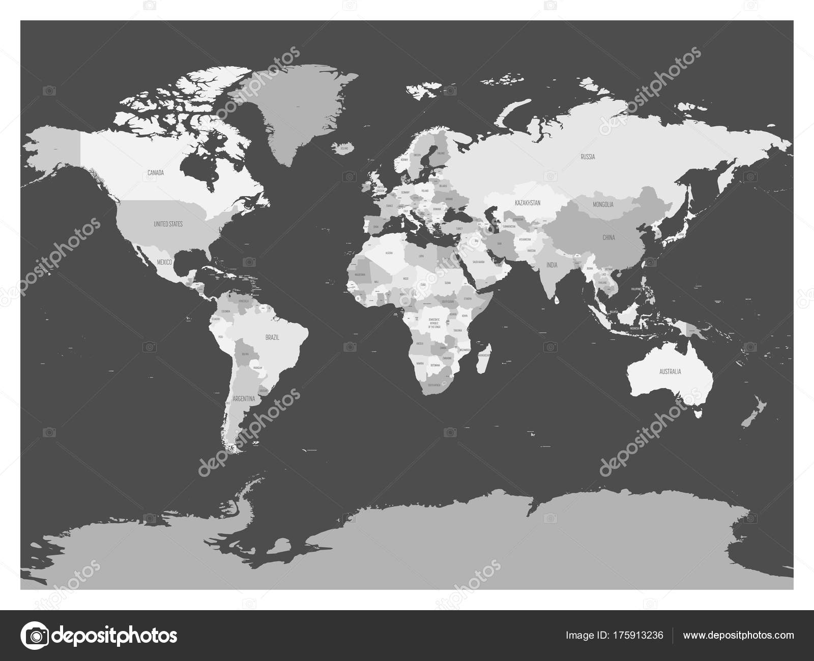 World Map In Four Shades Of Grey On Dark Background High Detail Blank