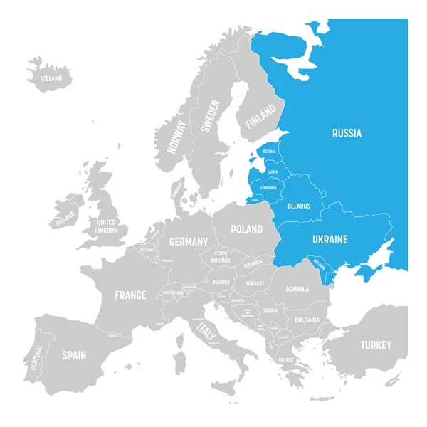 Bývalého svazu sovětských socialistických republik, SSSR, Rusko, Ukrajina, Bělorusko, Estonsko, Lotyšsko, Litva a Moldavsko modrý zvýrazněny na politické mapě Evropy. Vektorové ilustrace — Stockový vektor