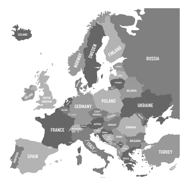 Politieke kaart van Europa continent in vier schaduwen van grijs met witte land naamlabels en geïsoleerd op een witte achtergrond. Vectorillustratie — Stockvector