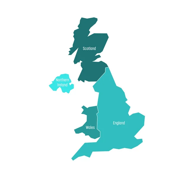 United Kingdom, UK, of Great Britain and Northern Ireland mapa. Dividido en cuatro países: Inglaterra, Gales, Escocia y NI. Ilustración simple vector plano — Archivo Imágenes Vectoriales