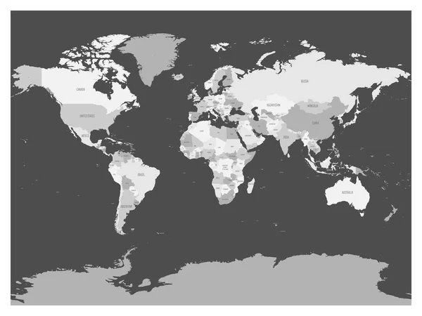 Kaart van de wereld in vier tinten grijs op donkere achtergrond. Hoge lege politieke detailkaart. Vectorillustratie — Stockvector