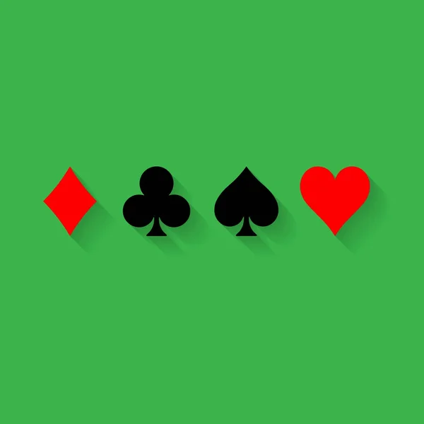 Trajes de cartas de poker - corazones, palos, picas y diamantes - sobre fondo verde. Casino juego tema vector ilustración. Formas negras y rojas con efecto de sombra larga — Archivo Imágenes Vectoriales