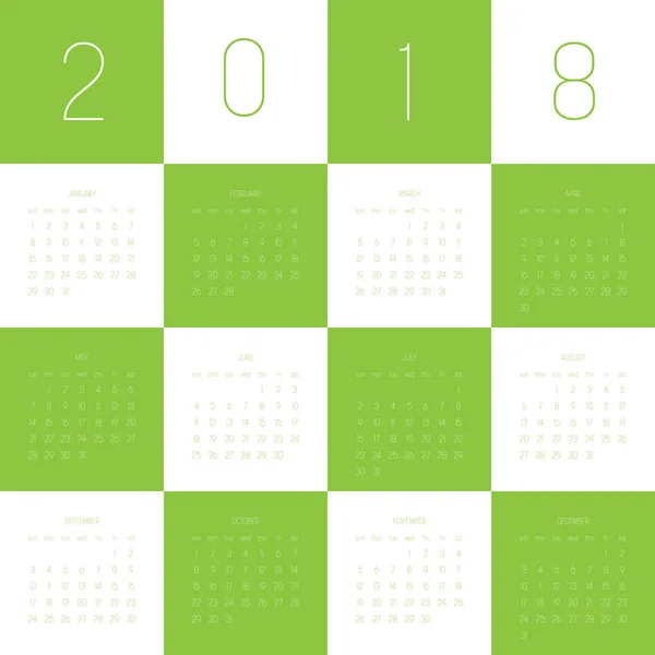 Calendario vectorial - Año 2018. La semana comienza el domingo. Ilustración simple de vectores planos en blanco y verde — Vector de stock