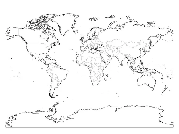 World map outline. Thin country borders and thick land contour on white background. Simple high detail line vector wireframe — Stock Vector