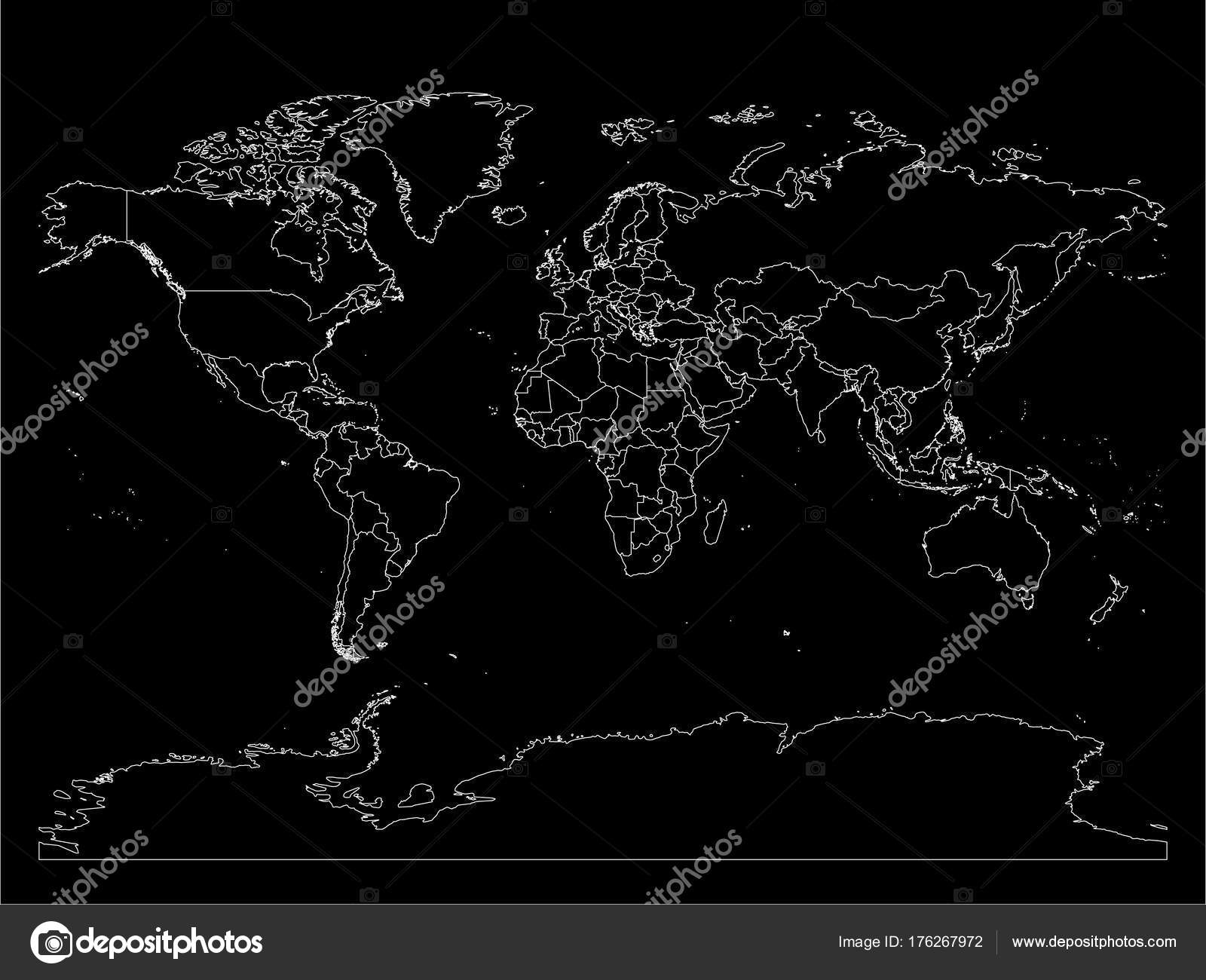 World Map With Country Borders Thin White Outline On Black Background Simple High Detail Line Vector Wireframe Stock Vector Image By C Pyty