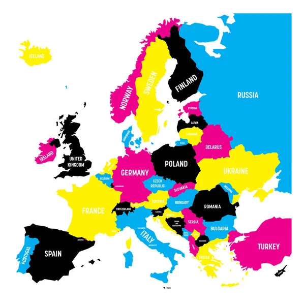 Mapa político del continente europeo en colores CMYK aislados sobre fondo blanco. Ilustración vectorial — Vector de stock