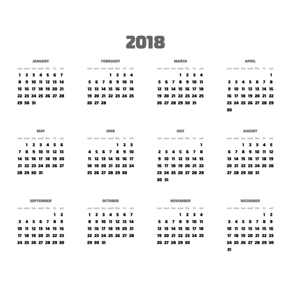 Calendario vectorial - Año 2018. La semana comienza el domingo. Ilustración simple vector plano con cabeceras negras — Vector de stock