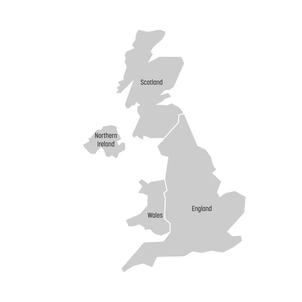 Wielka Brytania, czyli Wielka Brytania, mapa Wielkiej Brytanii i Irlandii Północnej. Podzielony na cztery kraje - Anglię, Walię, Szkocję i NI. Prosta płaska ilustracja wektora — Wektor stockowy