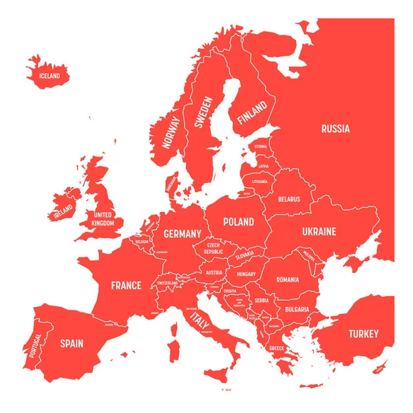 Mappa dell'Europa con i nomi dei paesi sovrani, ministeri inclusi. Mappa vettoriale rossa semplificata su sfondo bianco — Vettoriale Stock