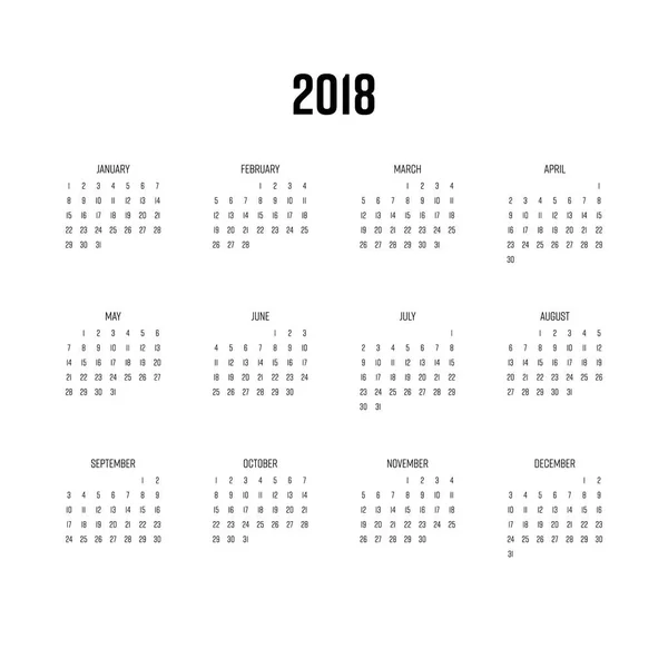 Calendrier vectoriel - Année 2018. La semaine commence dimanche. Illustration vectorielle plate simple avec en-têtes noirs — Image vectorielle