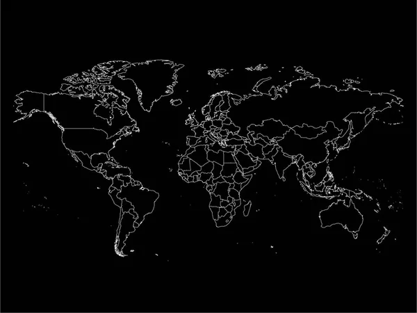 World map with country borders, thin white outline on black background. Simple high detail line vector wireframe — Stock Vector