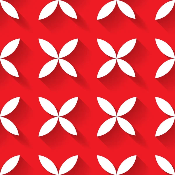Motif vectoriel abstrait mosaïque transparente de fleurs blanches à quatre feuilles en arrangement diagonal sur fond rouge. Eléments simples de desidn plat avec effet d'ombre longue — Image vectorielle