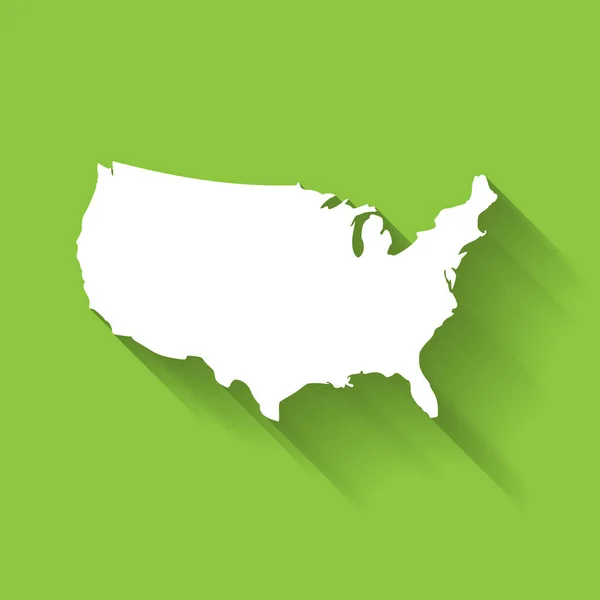 Stany Zjednoczone Ameryki, USA, biała sylwetka mapy z gradientowym długim efektem cienia odizolowanym na zielonym tle. Prosta płaska ilustracja wektora — Wektor stockowy
