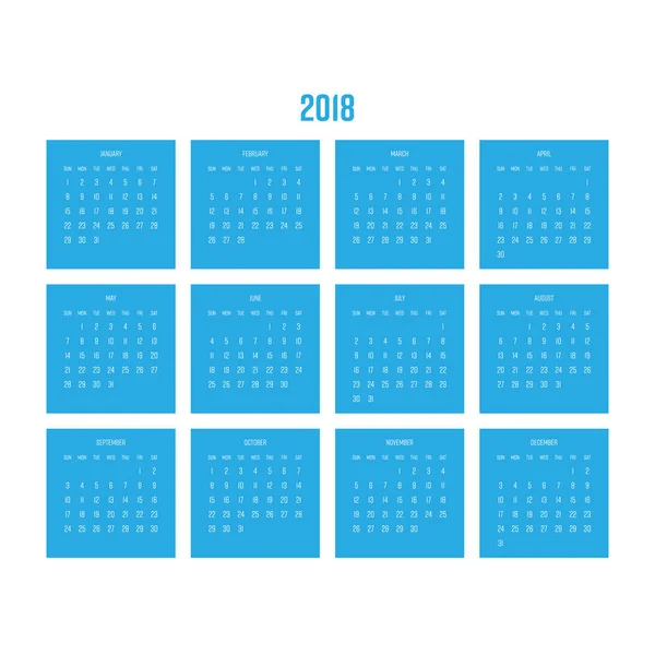 Calendário vetorial - Ano 2018. A semana começa a partir de domingo. Simples ilustração vetorial plana em azul e branco —  Vetores de Stock