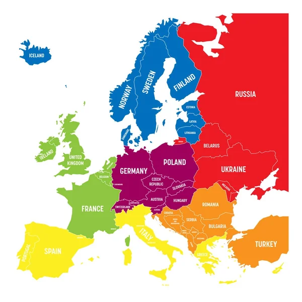 Sześć regionów geograficznych Europy - Południowej, południowo-wschodniej, zachodniej i centralnej, Wschodniej i Północnej. Mapa mieszkanie politycznych wektor z etykietami — Wektor stockowy