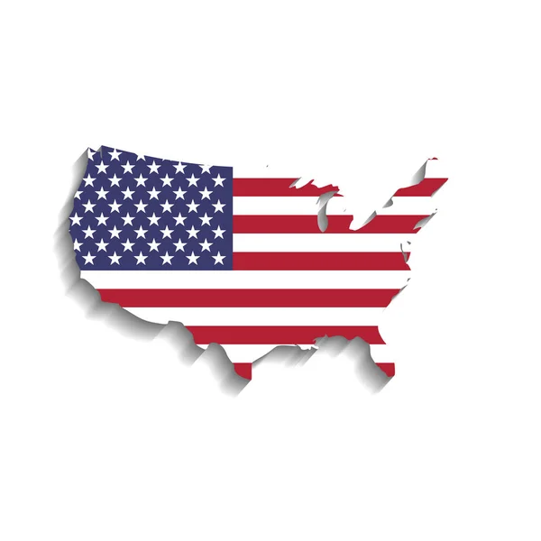 Bandeira dos EUA em forma de silhueta de mapa dos EUA. Símbolo dos Estados Unidos. Ilustração vetorial com sombra longa solta sobre fundo branco —  Vetores de Stock