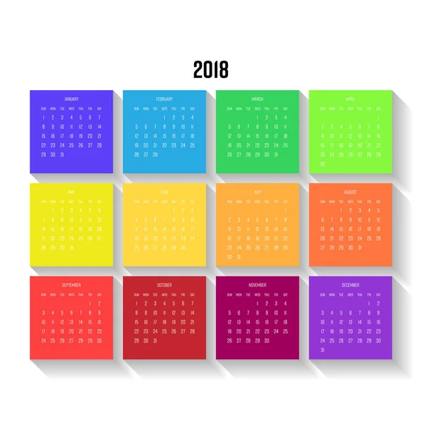 Ano 2018 calendário com meses coloridos. A semana começa a partir de domingo. Ilustração simples do vetor plano — Vetor de Stock