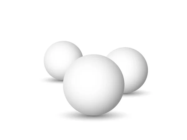 Tre sfere bianche, sfere o sfere. Oggetti vettoriali 3D con ombra calata su sfondo bianco — Vettoriale Stock