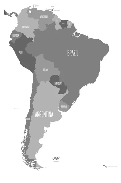 Mapa político da América do Sul. Mapa vetorial plano simples com etiquetas de nome de país em quatro tons de cinza — Vetor de Stock