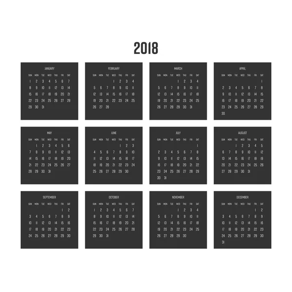 Kalender 2018. De week begint zondag. Eenvoudige platte vector illustratie — Stockvector