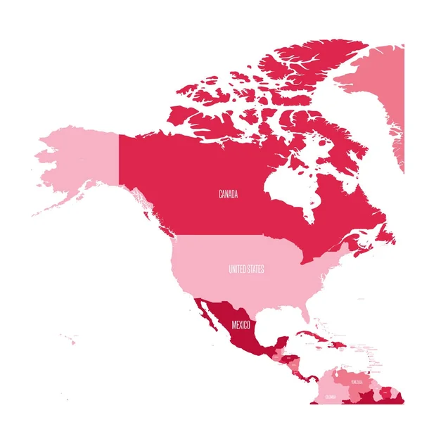 Mapa político de América del Norte y Central. Simple mapa vectorial plano con etiquetas de nombre de país en cuatro tonos de granate — Vector de stock