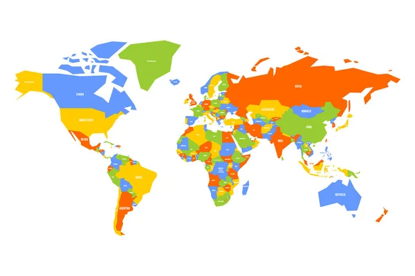 Színes térkép a világról. Egyszerűsített vektortérkép országnév-címkékkel — Stock Vector