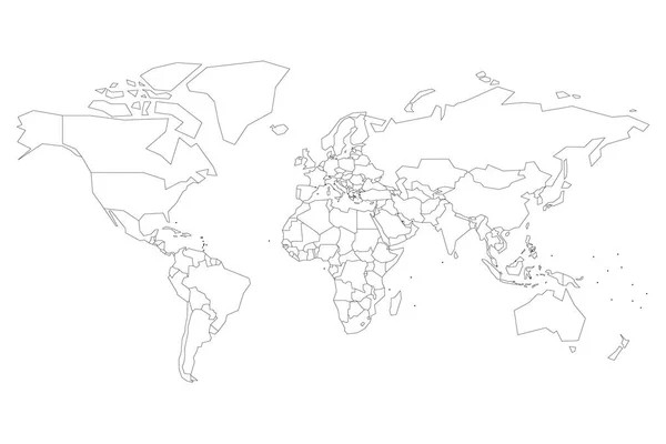 Peta politik Dunia dengan titik-titik bukan negara kecil. Peta kosong untuk kuis sekolah. Garis luar tipis hitam disederhanakan pada latar belakang putih - Stok Vektor