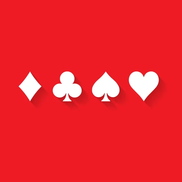 Fatos de cartas de poker - corações, clubes, espadas e diamantes - em fundo vermelho. Casino jogos de azar tema ilustração vetorial. Formas brancas com efeito de sombra longa —  Vetores de Stock