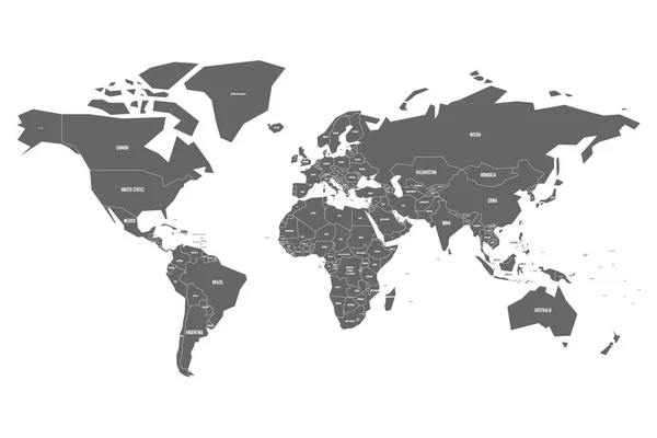 Dünya haritasının ülke adı etiketli gri renkte basitleştirilmiş hali. Küçük durumları veya yönetimleri olan şematik vektör haritası — Stok Vektör