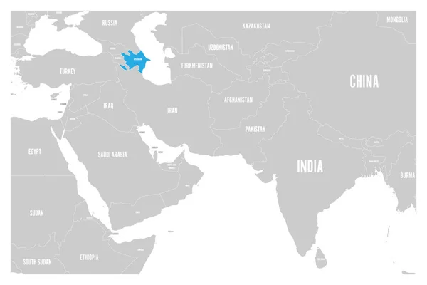Azul do Azerbaijão marcado no mapa político do Sul da Ásia e Oriente Médio. Mapa vetorial plano simples — Vetor de Stock