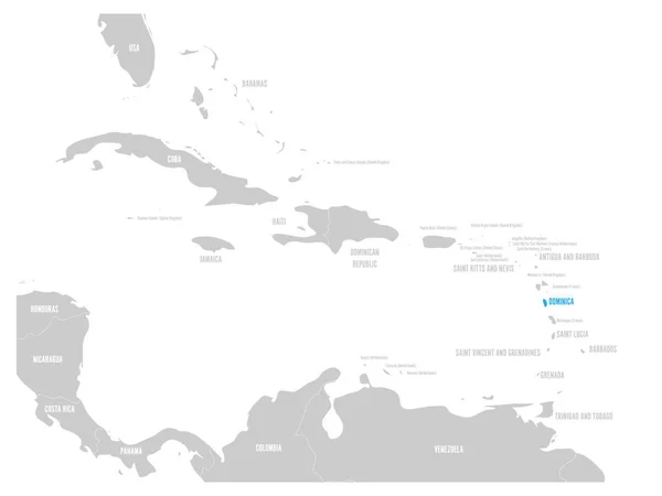 Dominica azul marcado en el mapa de Caribe. Ilustración vectorial — Vector de stock