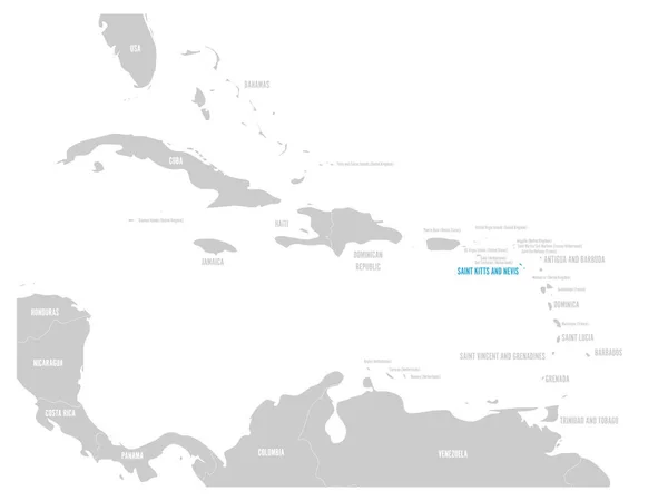 San Cristóbal y Nieves azul marcado en el mapa de Caribe. Ilustración vectorial — Vector de stock