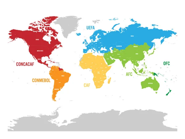 Карта світу футбол або футбол, Конфедерацій - КОНМЕБОЛ, КОНКАКАФ, Caf, УЄФА, АФК та ОФК — стоковий вектор