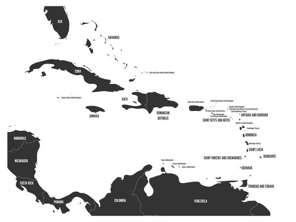 Mapa político de Carribean. Cinza pousa no fundo branco. Ilustração simples do vetor plano — Vetor de Stock