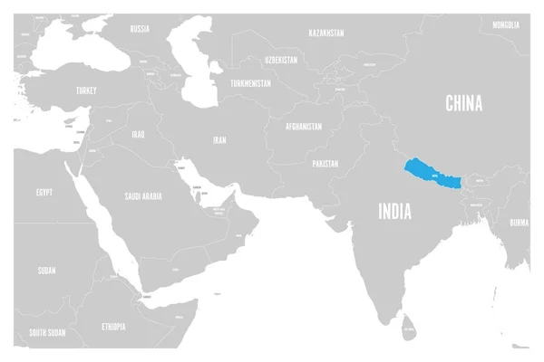 Nepal azul marcado en el mapa político del sur de Asia y Oriente Medio. Mapa de vector plano simple — Vector de stock