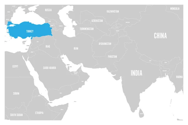 터키 블루 남 아시아 및 중동의 정치 지도에 표시 됩니다. 간단한 평면 벡터 지도 — 스톡 벡터