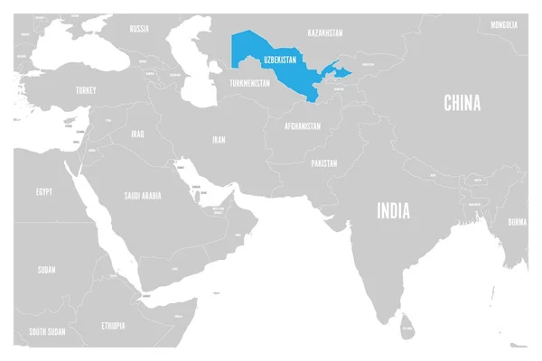 Uzbekistán azul marcado en el mapa político del sur de Asia y Oriente Medio. Mapa de vector plano simple — Archivo Imágenes Vectoriales
