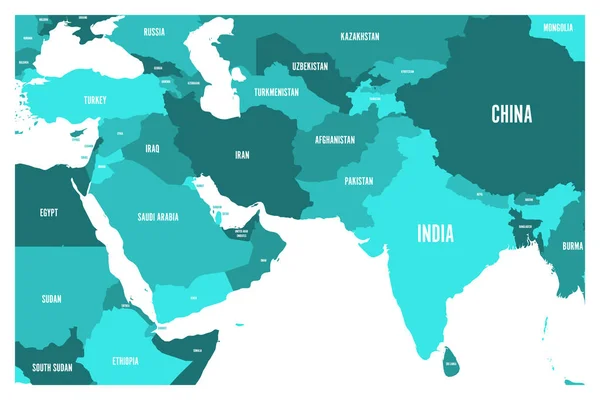 Political map of South Asia and Middle East countries. Simple flat vector map in four shades of turquoise blue — Stock Vector