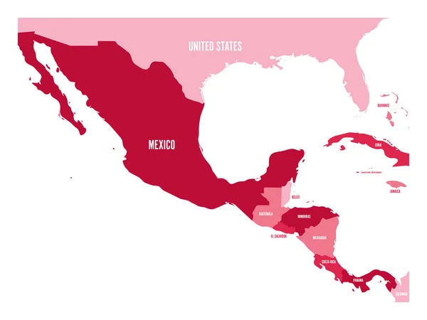 Mapa político de Centroamérica y México en cuatro tonos de granate. Ilustración simple vector plano — Vector de stock